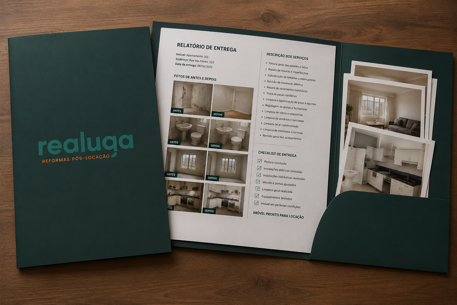 Relatório de entrega Realuga com fotos de antes e depois, descrição dos serviços e checklist de entrega
